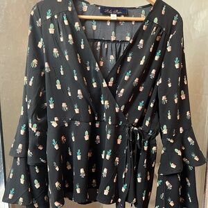 Blue Rain Womens Blouse Top Black with Plant Cactus Pattern
